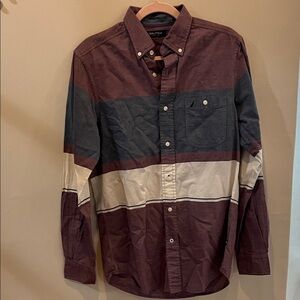 Nautica Men's Burgundy and Gray Striped Button Down Shirt, Size S